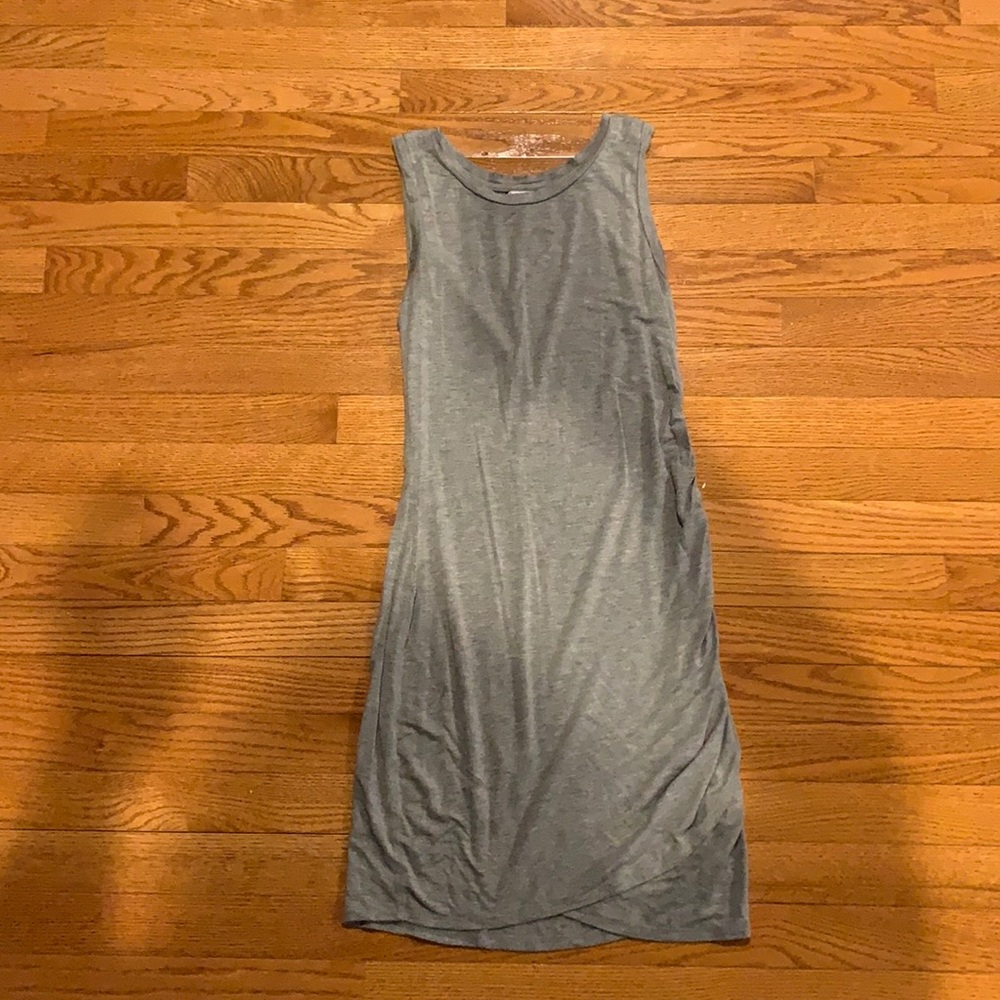 Mid thigh gray dress; no sleeves;